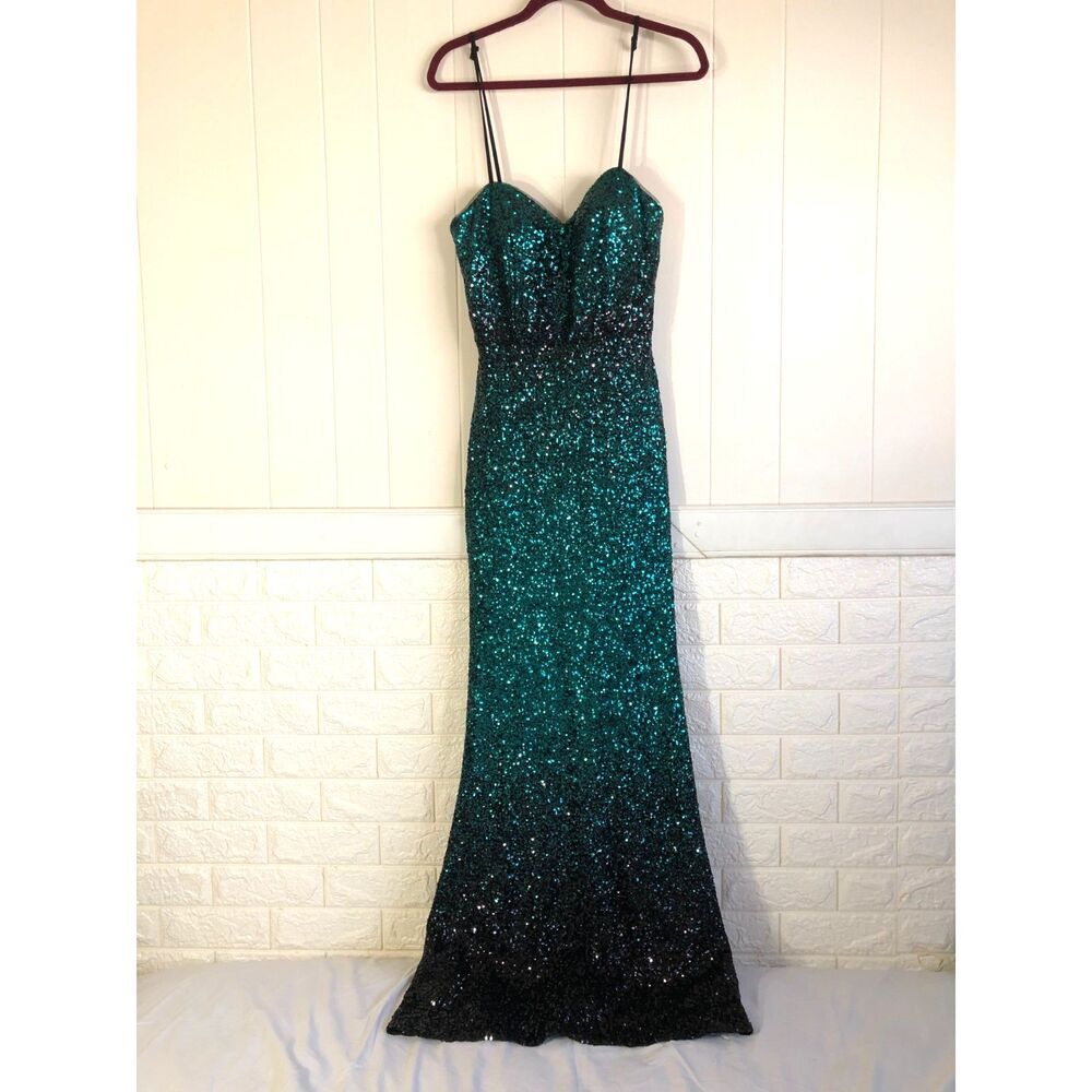 Betsy & Adam Ombre Sequin Mermaid Gown Emerald Green Black Prom Dress Size 8